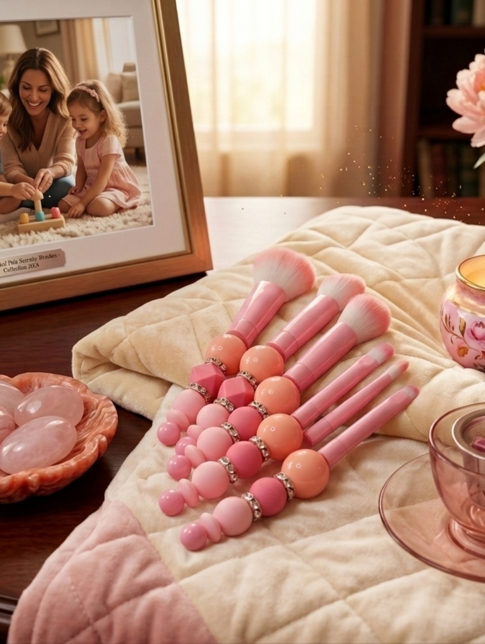 Handcafted Pink Beaded Make Up Brush Set With Gift Box & Tag - NIP